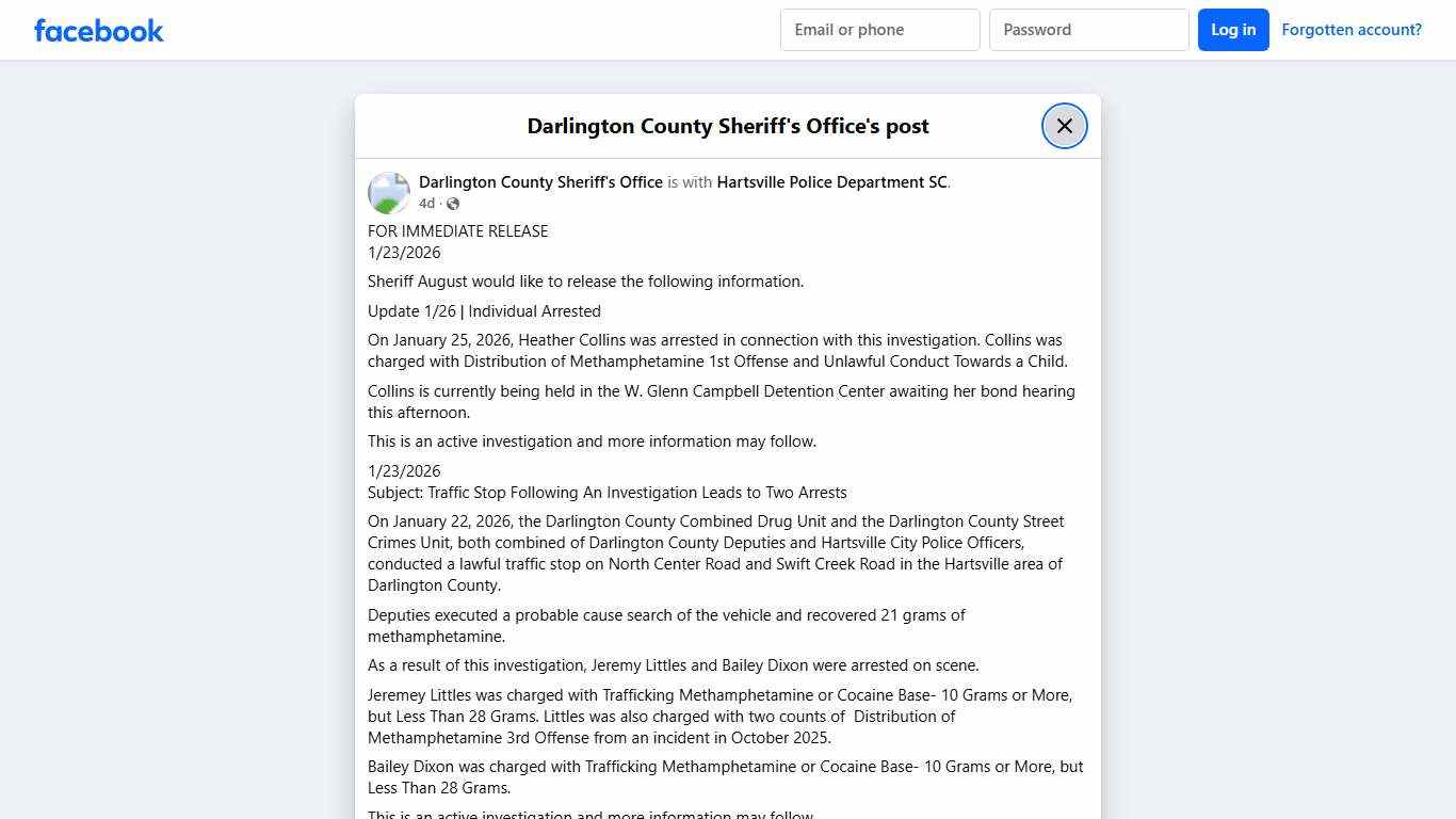 FOR IMMEDIATE RELEASE... - Darlington County Sheriff's Office Facebook