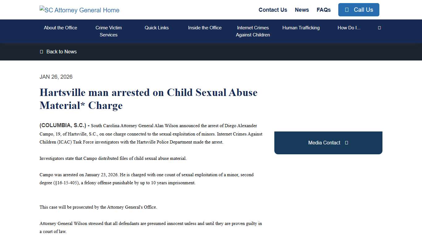 Hartsville man arrested on Child Sexual Abuse Material* Charge - South Carolina Attorney General